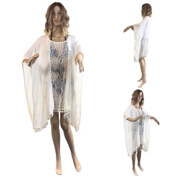 C02 Irgus Brand Kaftan Lace Insert Pom Pom Cover Up Size M $65 - Picture 6 of 16